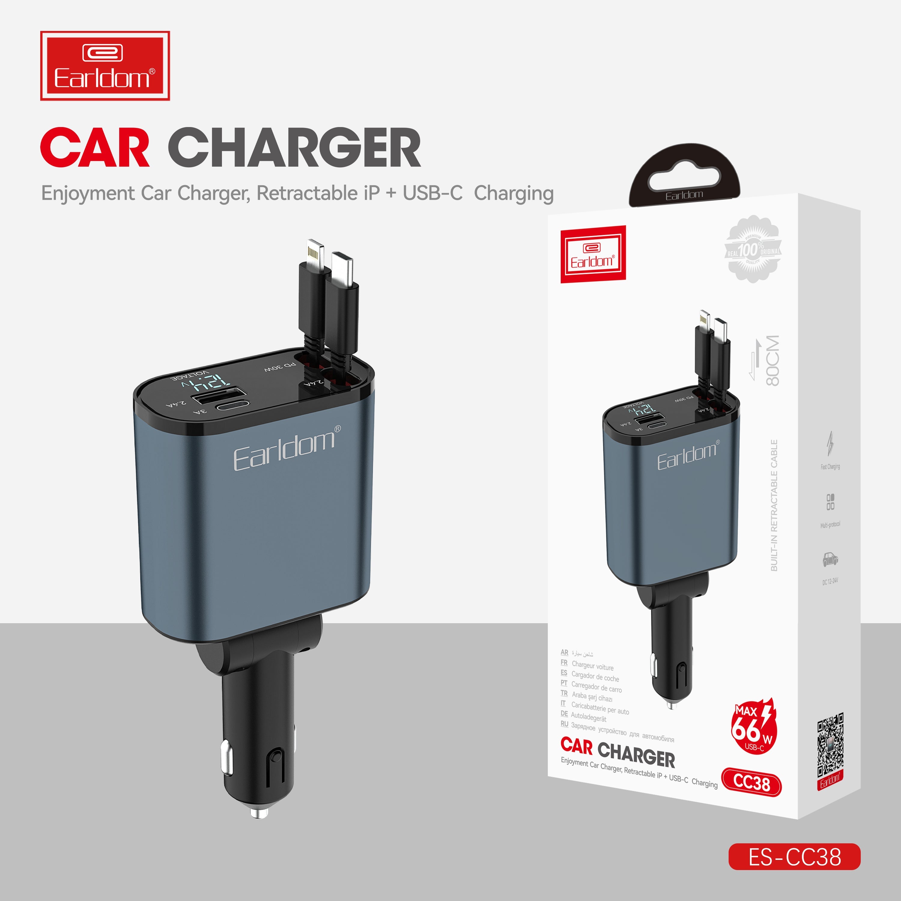 Earldom 63W USB+PD cable 80cm storage ios type-c car charger Earldom 63W USB+PD cable 80cm storage ios type-c car charger